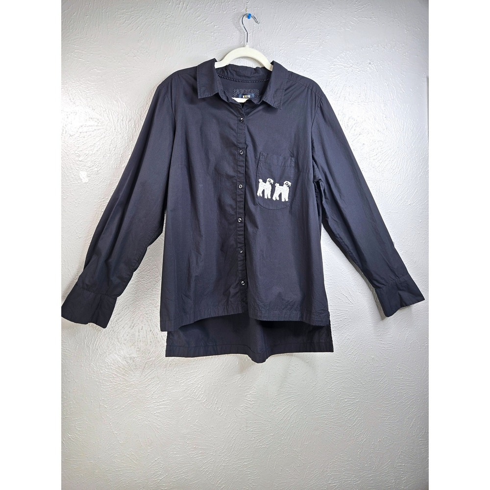 Maeve Embroidered Poodle Dog Button Down Shirt Black Cotton Poplin Novelty Top